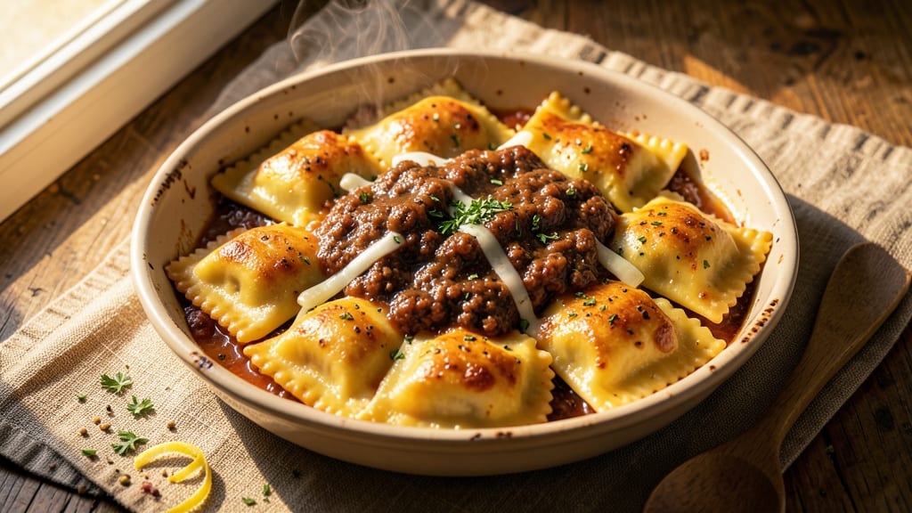 Baked Ravioli With Meat Sauce Recipe: Golden Crusts and Rich Tomato Hugs