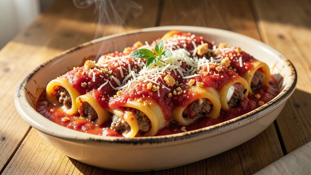 Authentic Italian Manicotti Recipe with Meat and Tomato Sauce: Pasta Tubes Stuffed With Ricotta and Savory Meat