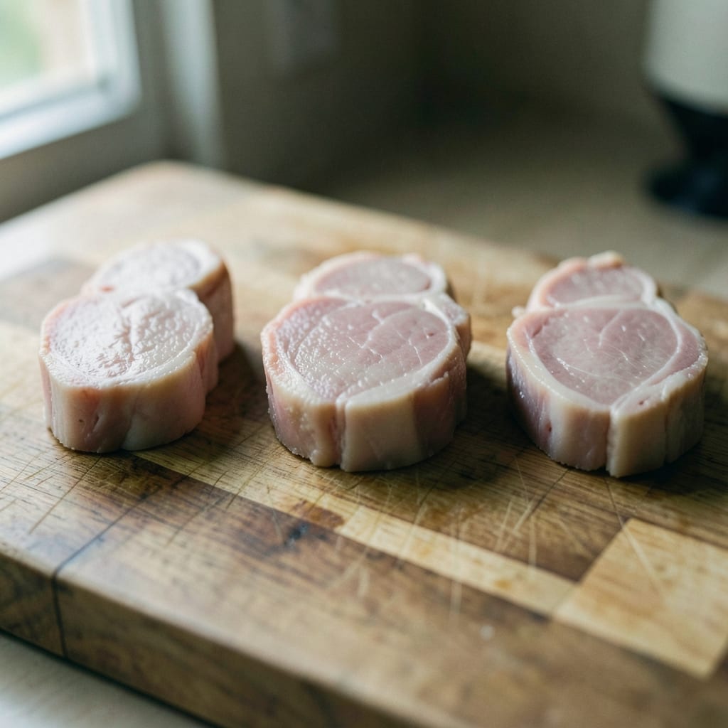 Three chops of different thickness, ready to be tested