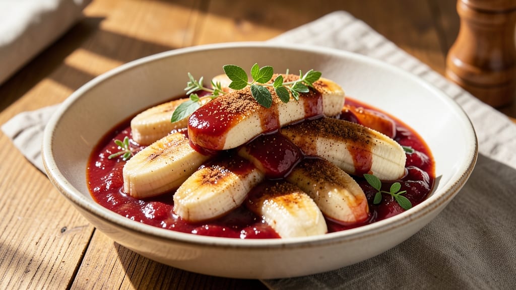 Bananas in Red Sauce Recipe: Warm Spiced Fruit Hugged by Velvety Cherry Glaze
